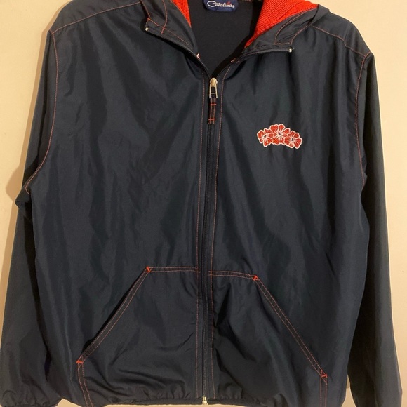Catalina Vintage Windbreaker Navy Blue & Red Hooded with Hibiscus Flower Detail - Picture 1 of 4